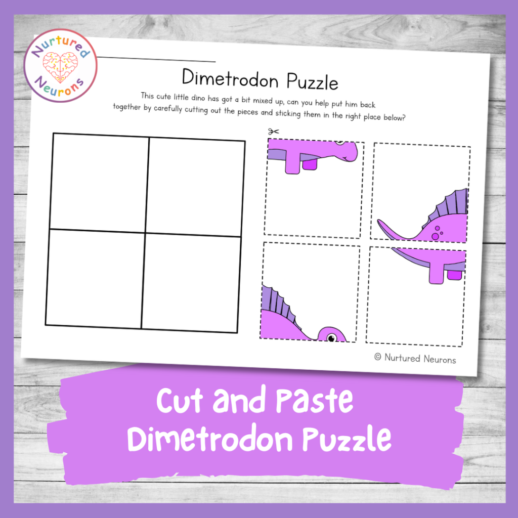 Cute cut and paste Dimetrodon puzzle (preschool and kindergarten cut and sticking worksheet)