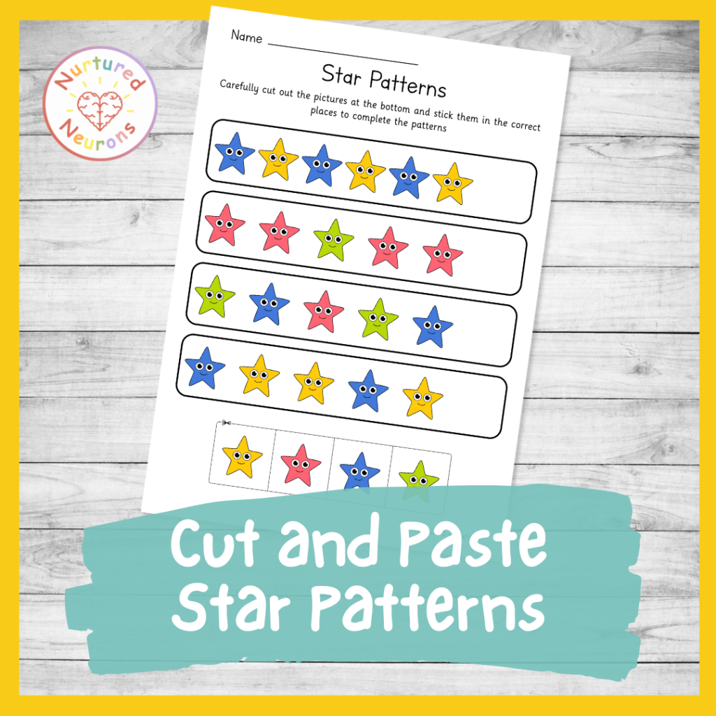 Cut and paste star patterns - space themed pattern worksheet for preschool