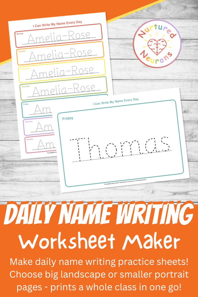 Custom daily name writing practice worksheet maker - create name writing and tracing worksheets for the whole class!
