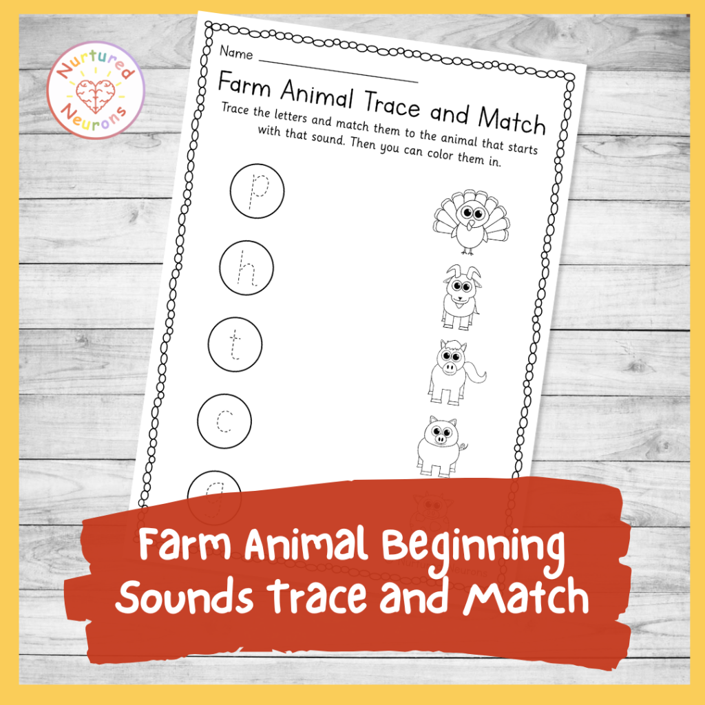 Preschool Farm Animal phonics worksheet - printable kindergarten trace and match the beginning sounds practice sheet