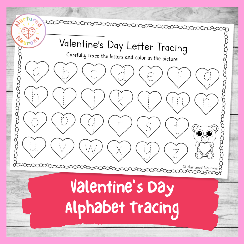 cute printable Valentine's Day letter tracing worksheet for kindergarten and preschool - trace the alphabet a to z pdf