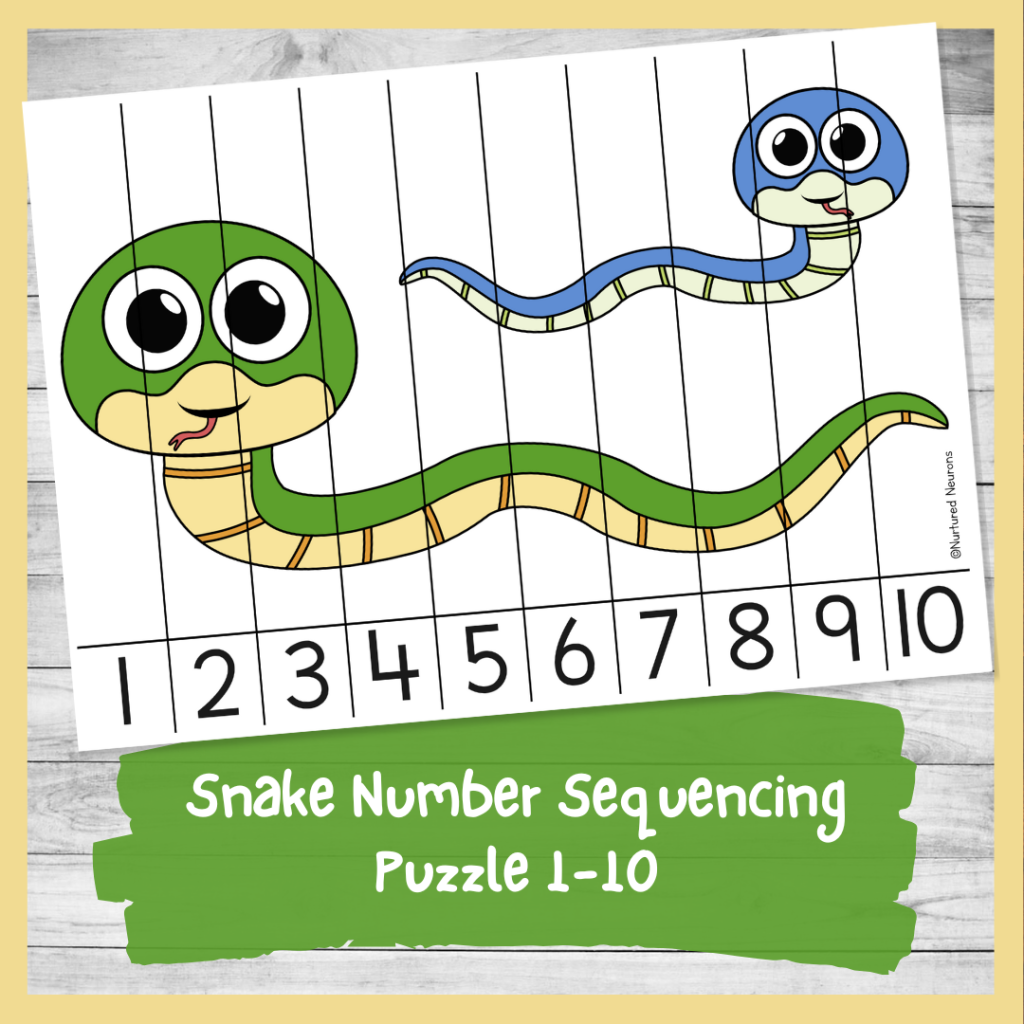 snake number sequencing puzzle 1 to 10 - reptile theme kindergarten printable counting sheet