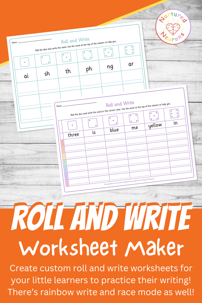 roll and write worksheet generator - create custom rainbow writing sheets for kindergarten - great for phonics and spelling practice and letter formation