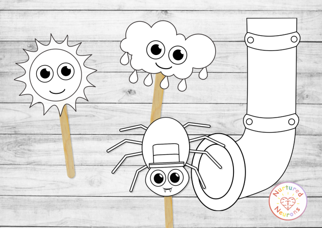 black and white coloring puppets for a simple nursery rhyme craft and itsy bitsy spider diy craft toy
