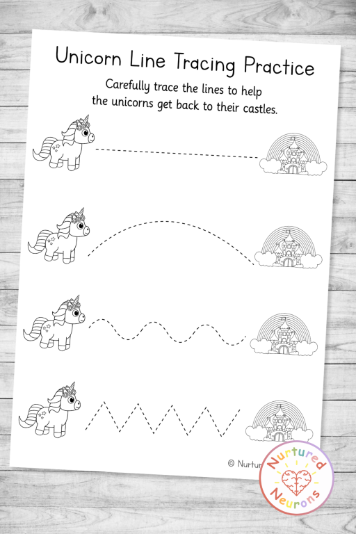 trace and color worksheet with unicorn theme for preschool, toddlers and kindergarten kids