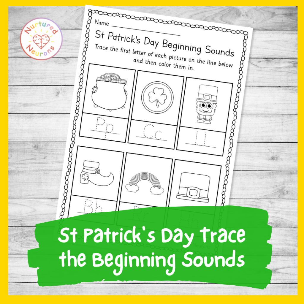 Preschool St Patrick’s Day phonics worksheet - printable kindergarten trace the beginning sounds
