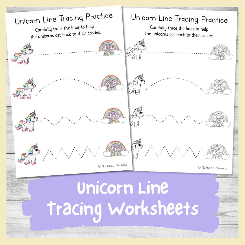 unicorn tracing practice worksheet for kids - printable prewriting page