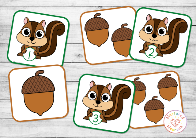 Printable chipmunk Counting game for preschool and kindergarten - early math center activity
