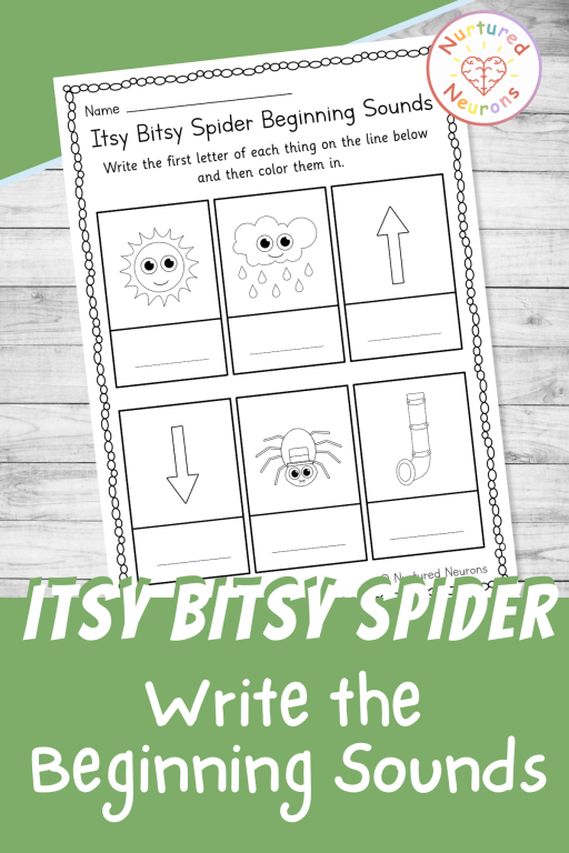 Printable itsy bitsy spider write the beginning sound worksheet for preschool and kindergarten. Children look at each row and write the letter that it begins with. Fun nursery rhyme themed phonics activity to build letter recognition, sound awareness, and early reading skills.