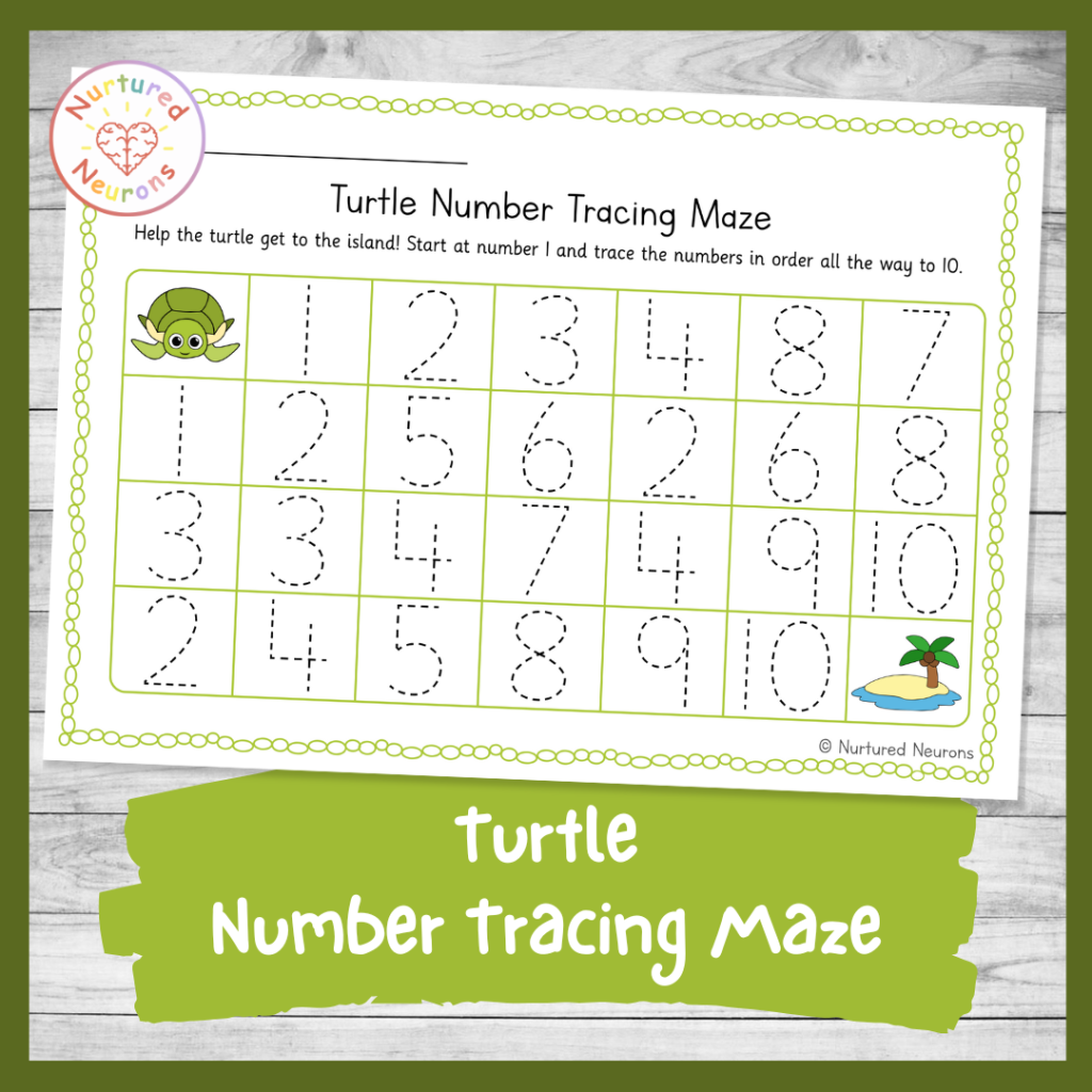 cute printable turtle maze for kindergarten and preschool - trace the numbers in order from one to ten