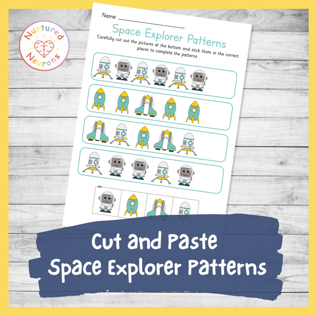 Cut and paste space explorer patterns - space rocket and astronaut themed pattern worksheet for preschool