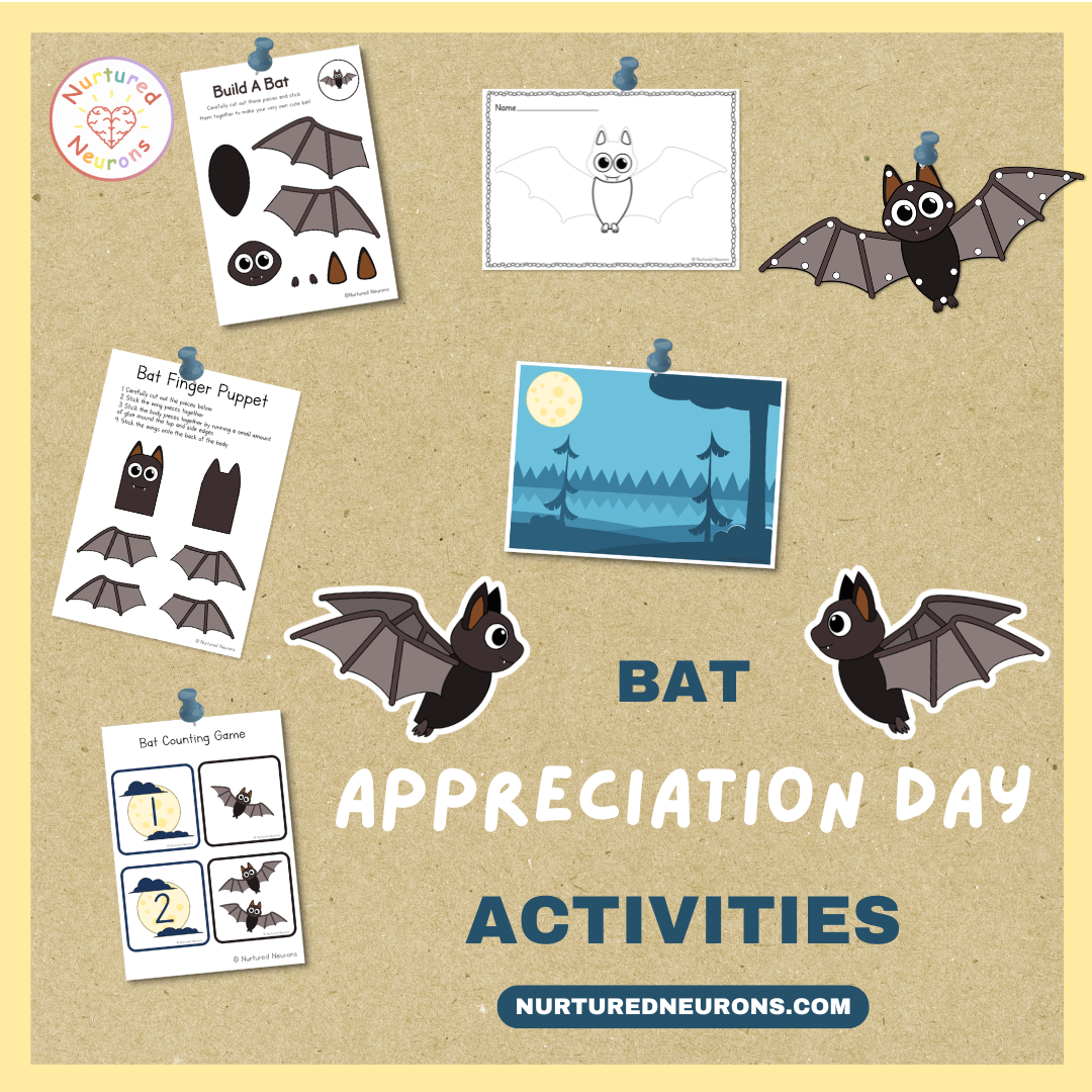 International Appreciate a Bat Day activities - printable low prep activities for kids - bat crafts, bat puzzles, bat worksheets for preschool and kindergarten