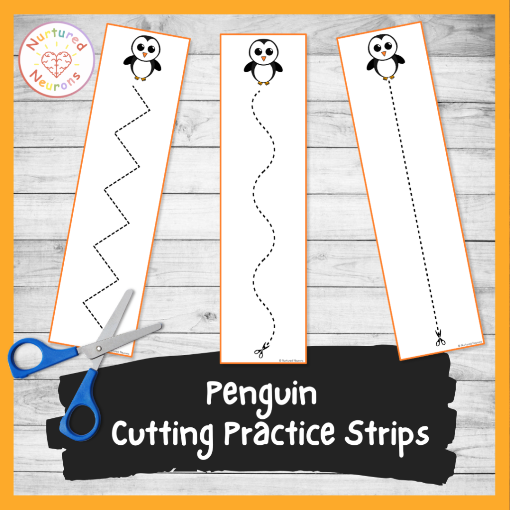 Preschool penguin themed cutting practice strips - printable kindergarten bird cutting sheet