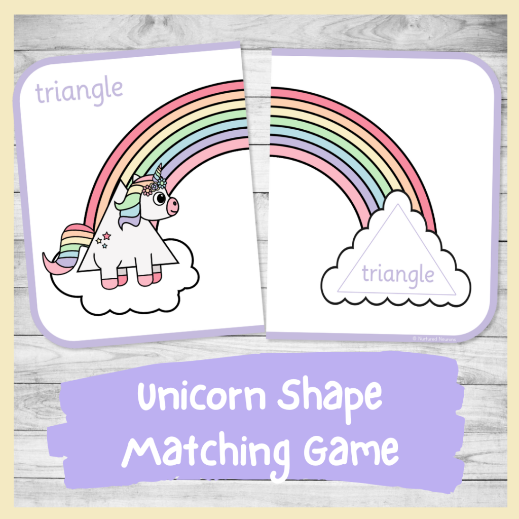 Unicorn shape matching game - preschool and kindergarten printable fantasy animal theme shape activity