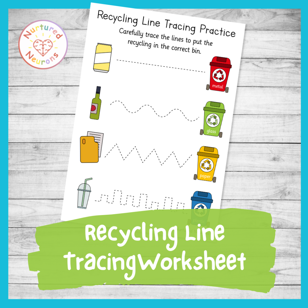 recycling pencil skills practice worksheet for kids - recycling themed early writing sheet for preschool