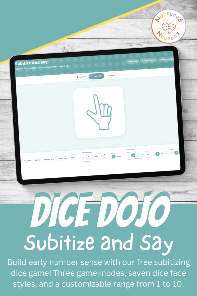 Free online subitizing dice game! Three modes, seven dice face styles, a customizable range, and printable paper dice for taking the game offline