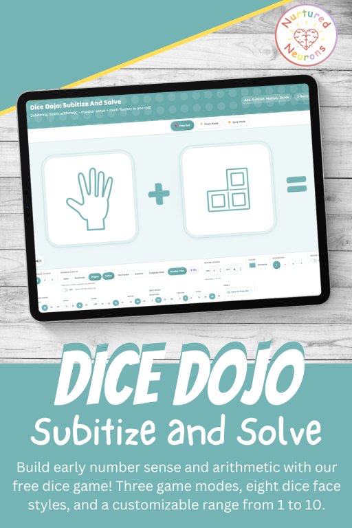 Dice Dojo Subitize & Solve - free online subitizing and arithmetic math dice game for kids. play on whiteboard in class or on a tablet with printable paper dice nets