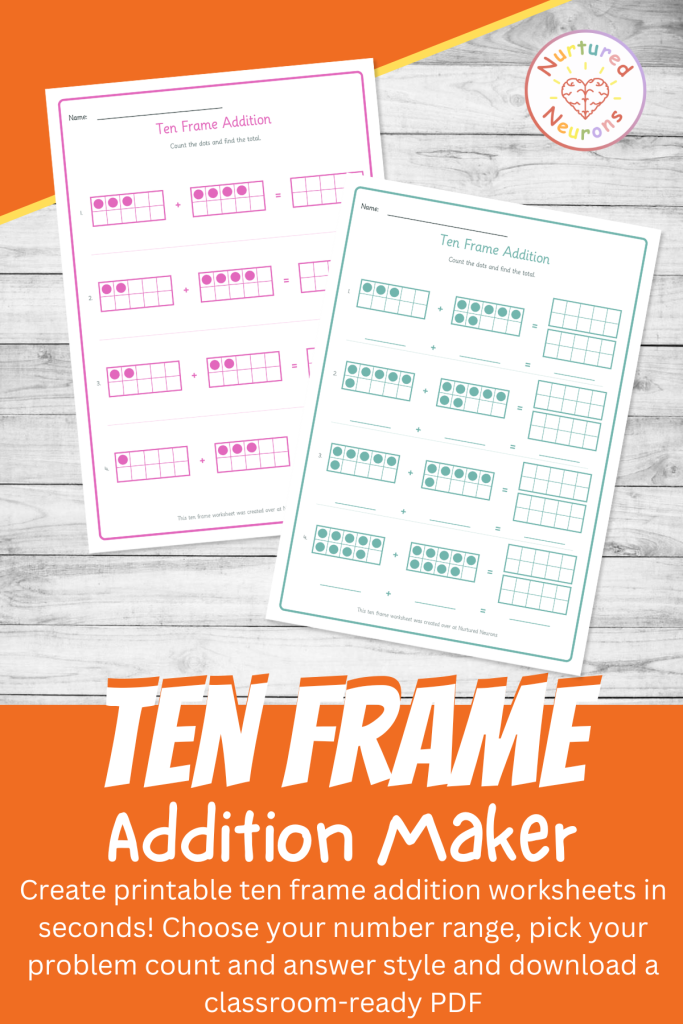 ten frames addition worksheet creator - printable custom pdf - count the ten frames, fill in the answer and write the number sentences