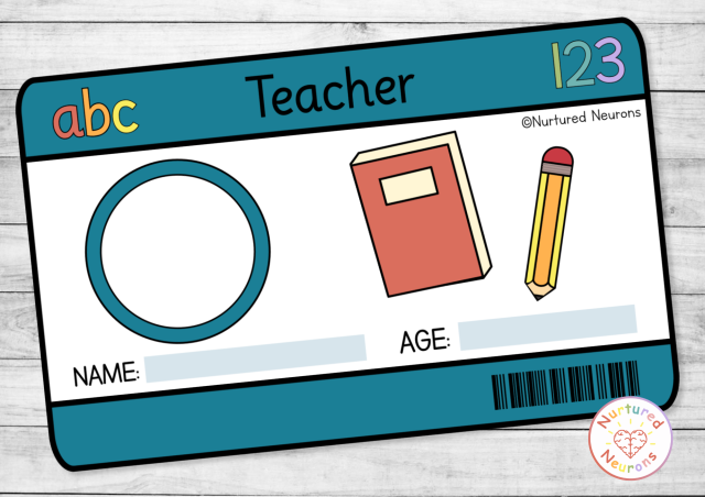 Teacher ID card templates for kids pretend play - fine motor and name writing activity