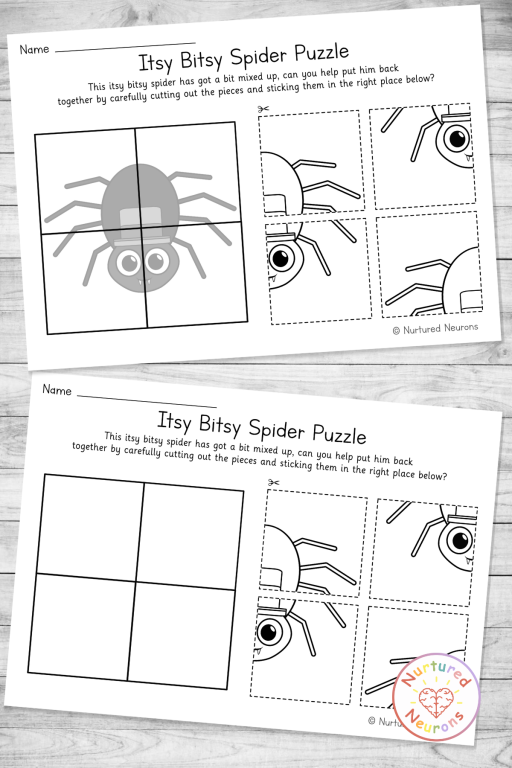 Printable black and white incy wincy spider puzzles - a cut and paste nursery rhyme coloring activity for kindergarten