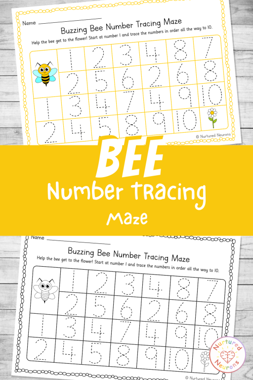 number maze for kindergarten - trace the numbers one to ten with a bee theme - printable maze worksheets