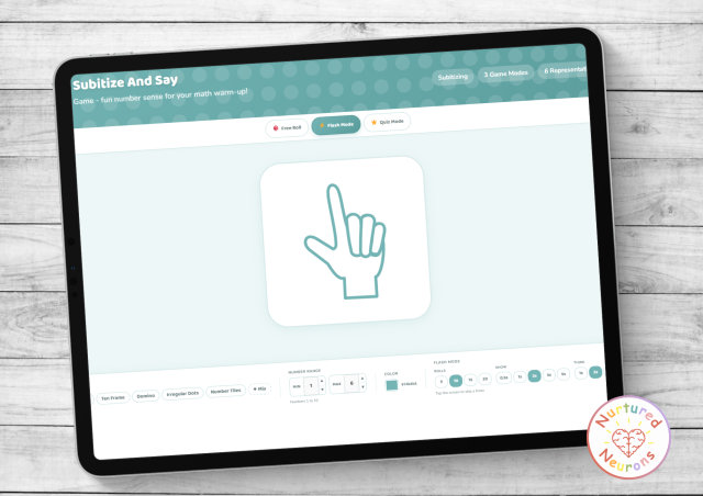 Dice Dojo Subitize & Say - free online subitizing dice game for kids. play on whiteboard in class or on a tablet with printable paper dice nets