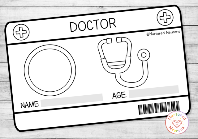 Black and white Printable doctor ID cards for preschool and kindergarten - dramatic play and role play resource