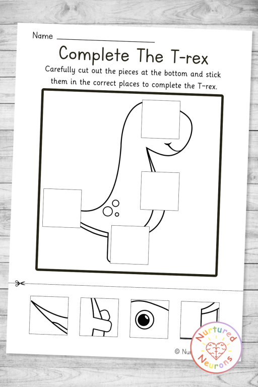 Black and white dinosaur puzzle to color and cut for pencil and scissor skill practice
