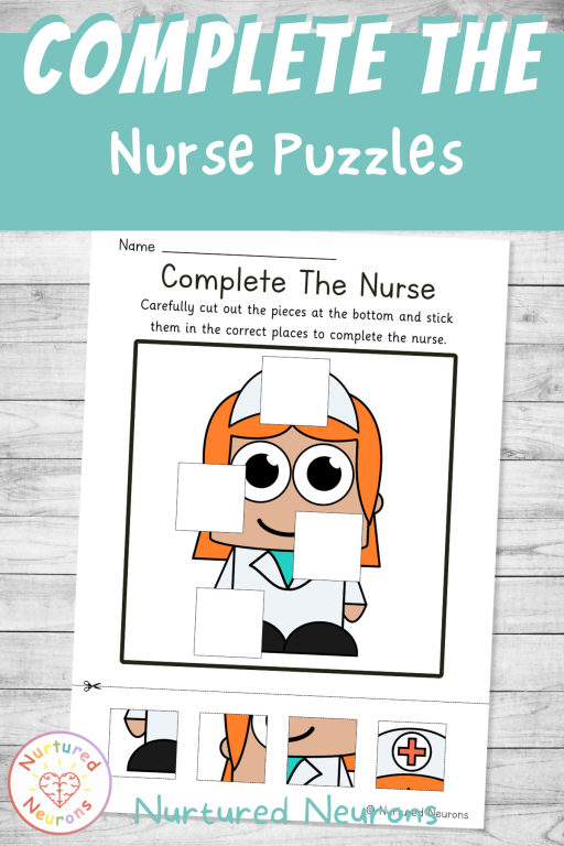 community helper puzzle worksheet - preschool nurse themed complete the puzzle printable for scissor control and fine motor skills