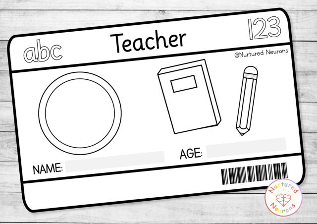Black and white Printable teacher ID cards for preschool and kindergarten - dramatic play and role play resource
