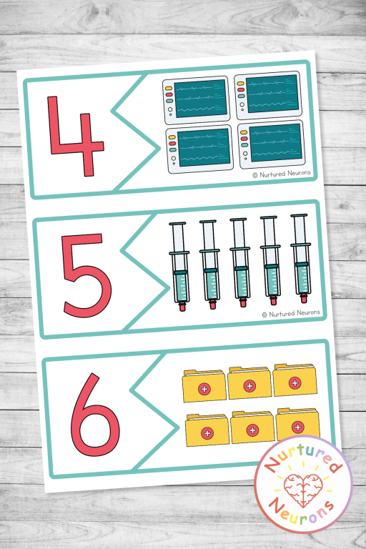 Doctor themed number matching math center for kids - printable professions kindergarten puzzles