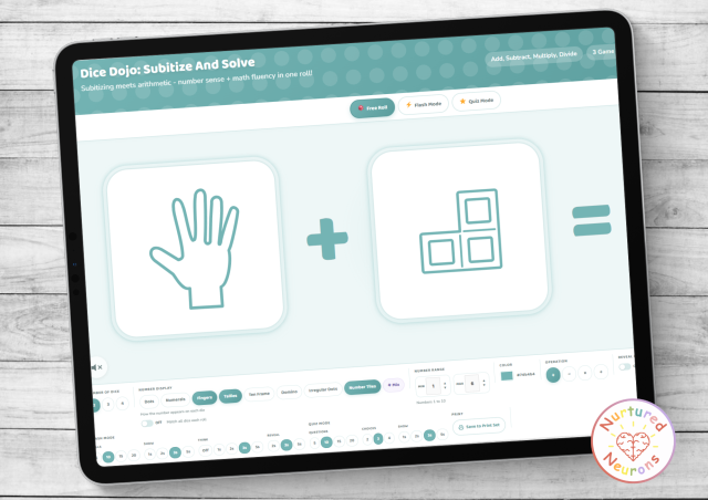 Free online subitizing and adding math dice game! Three modes, seven dice face styles, a customizable range, and printable paper dice for taking the game offline.