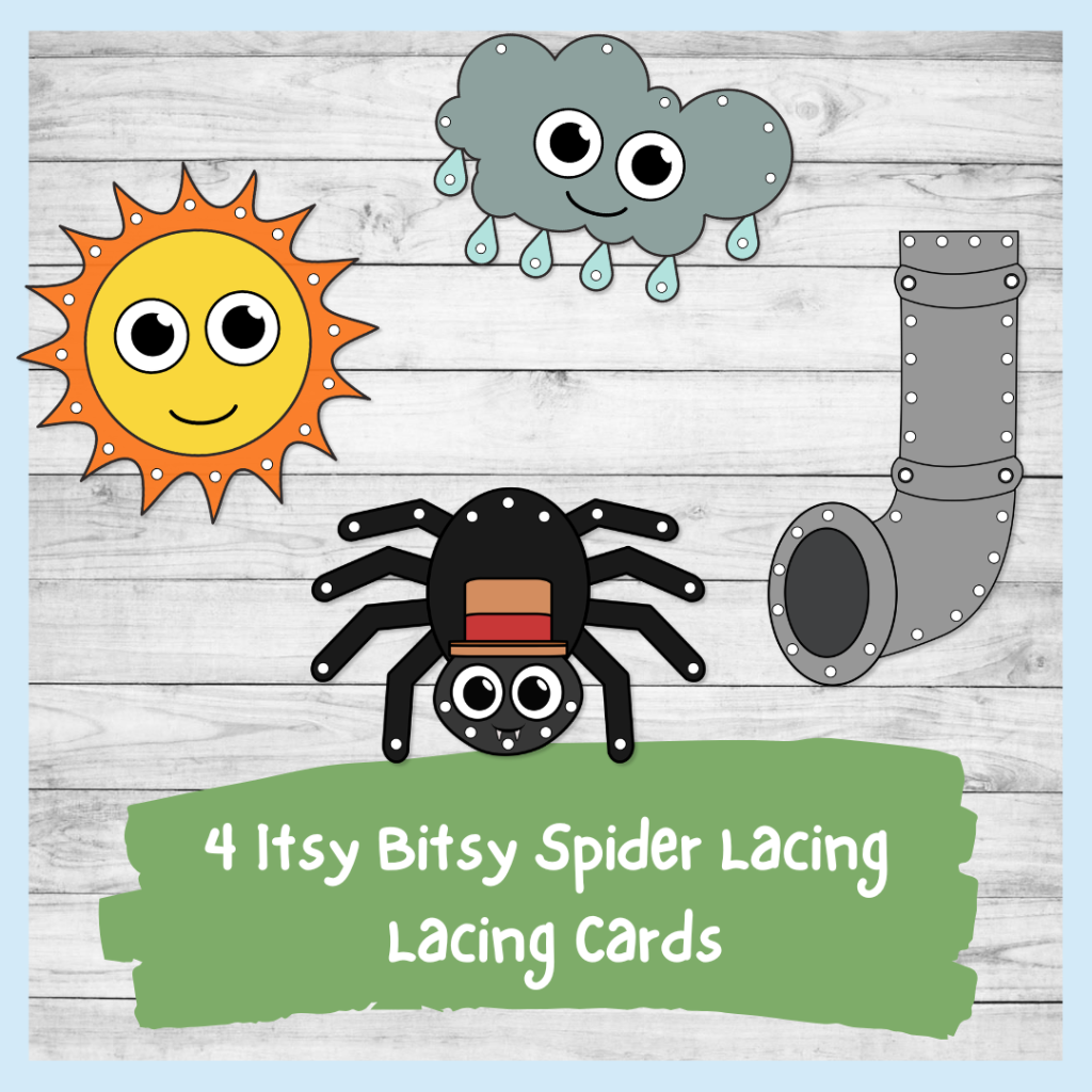 Itsy Bitsy Spider lacing cards for fine motor practice - preschool and kindergarten nursery rhyme resources