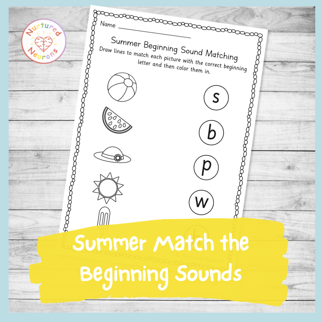 Preschool Summer phonics worksheet - printable kindergarten match the beginning sounds