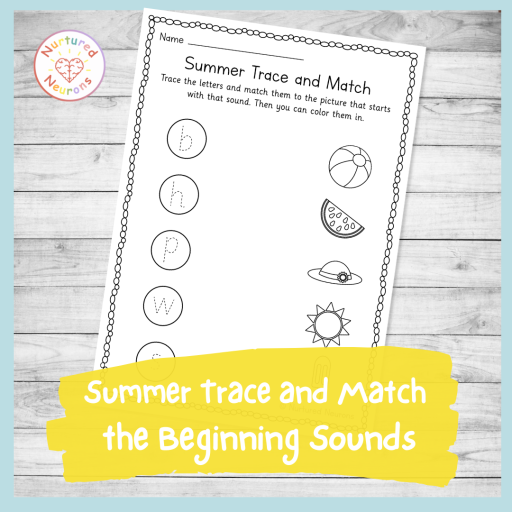 Preschool Summer phonics worksheet - printable kindergarten trace and match the beginning sounds
