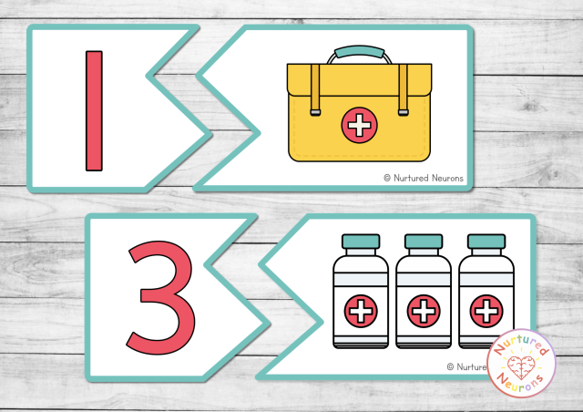 Printable at the doctors number matching puzzles for preschool and kindergarten - hands on math activity with a medical theme
