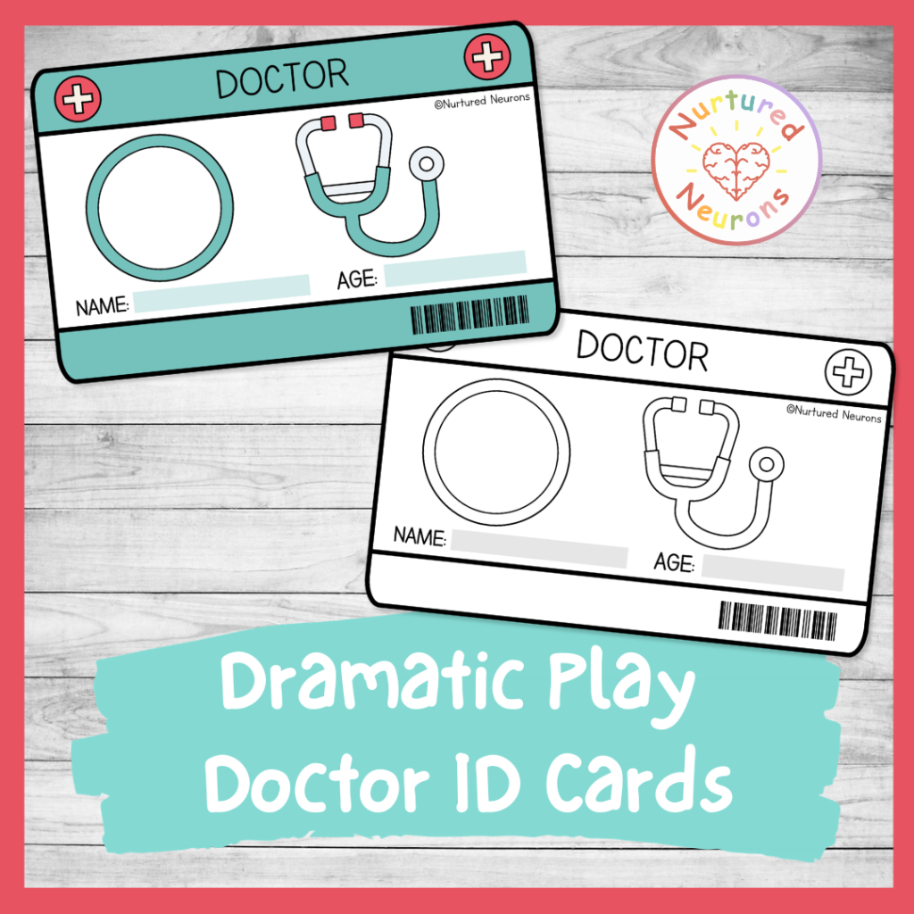 Printable doctor ID cards for dramatic play - kids role play hospital community helper badges templates