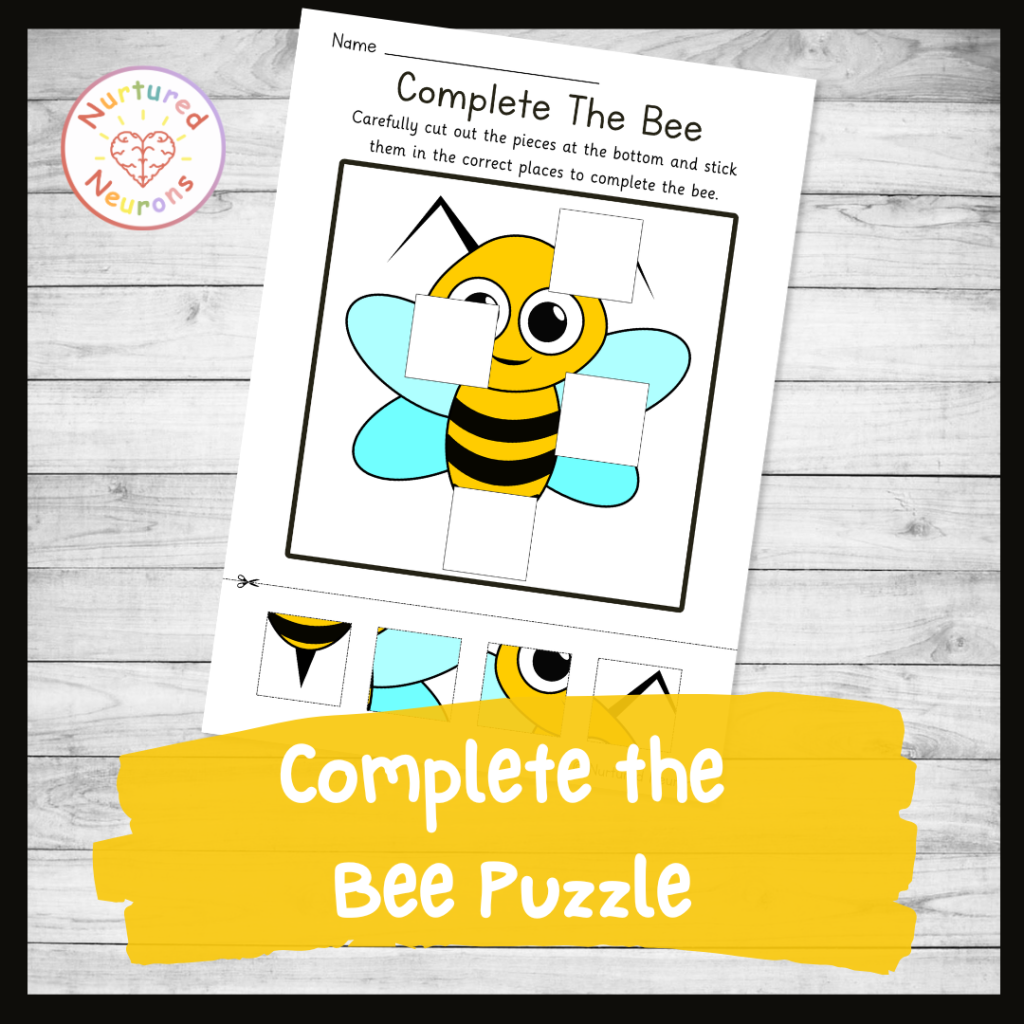 complete the bee puzzle - minibeast themed cutting worksheet for preschool and kindergarten and first grade