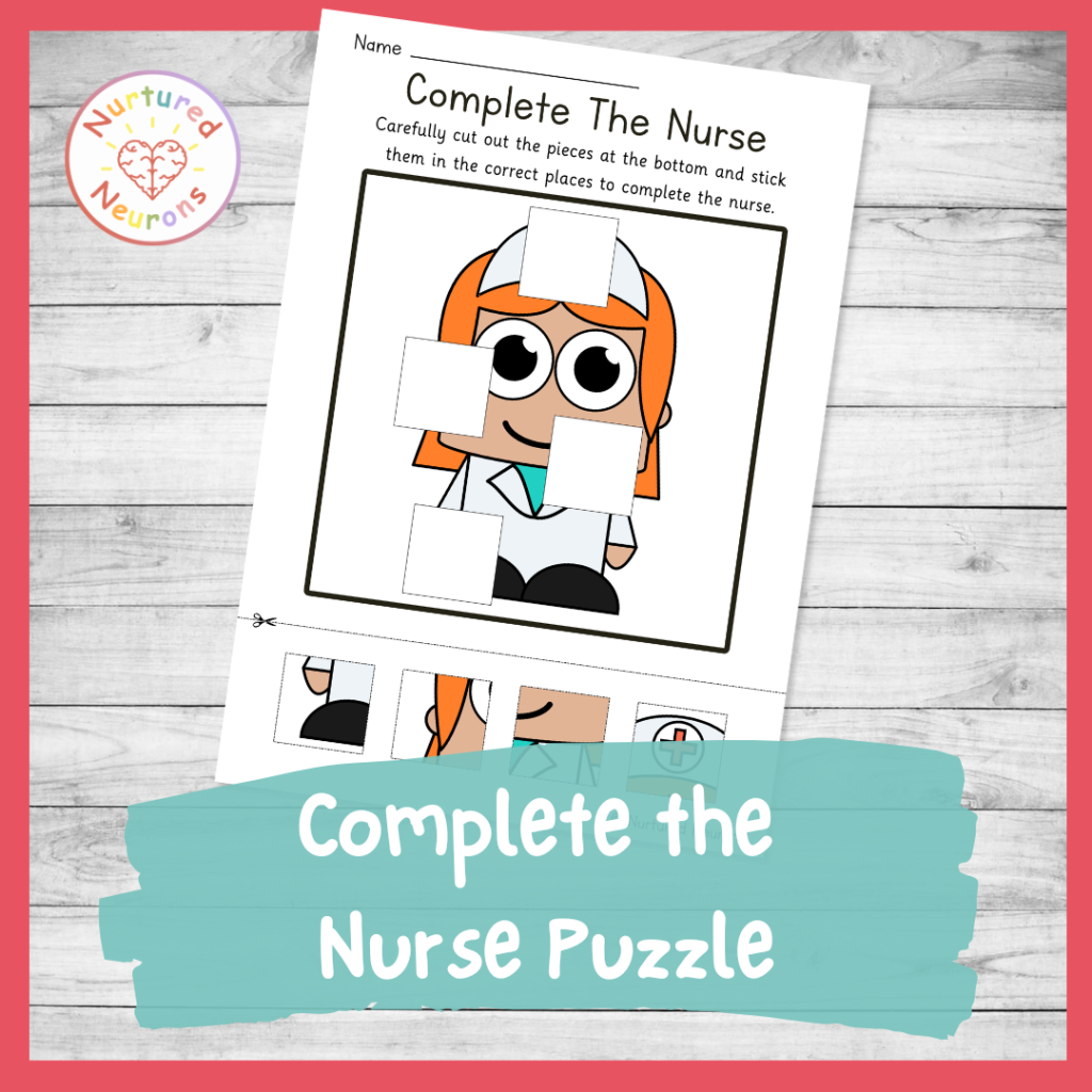 complete the nurse puzzle - community helper themed cutting worksheet for preschool and kindergarten and first grade