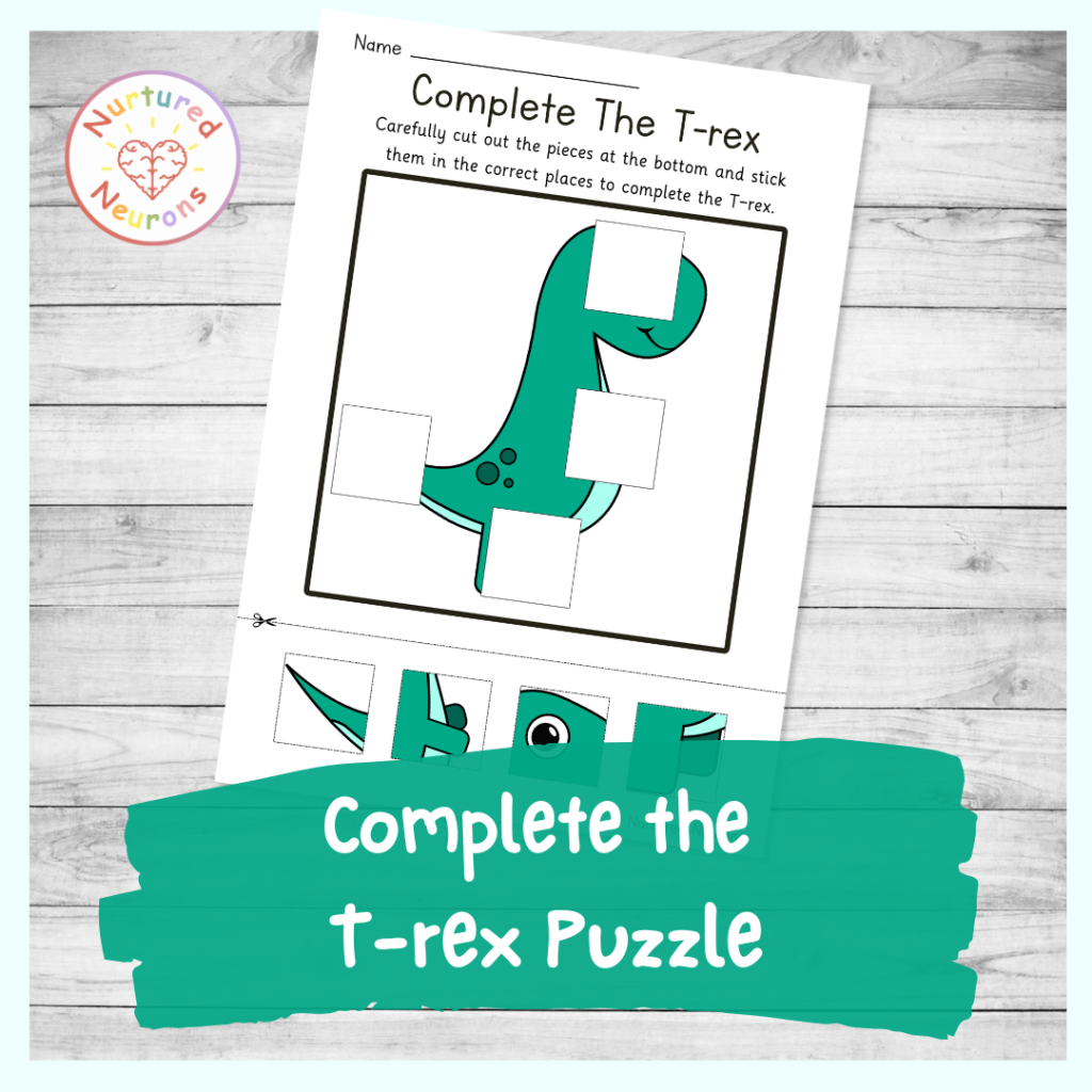 complete the t rex puzzle - dinosaur themed cutting worksheet for preschool and kindergarten and first grade