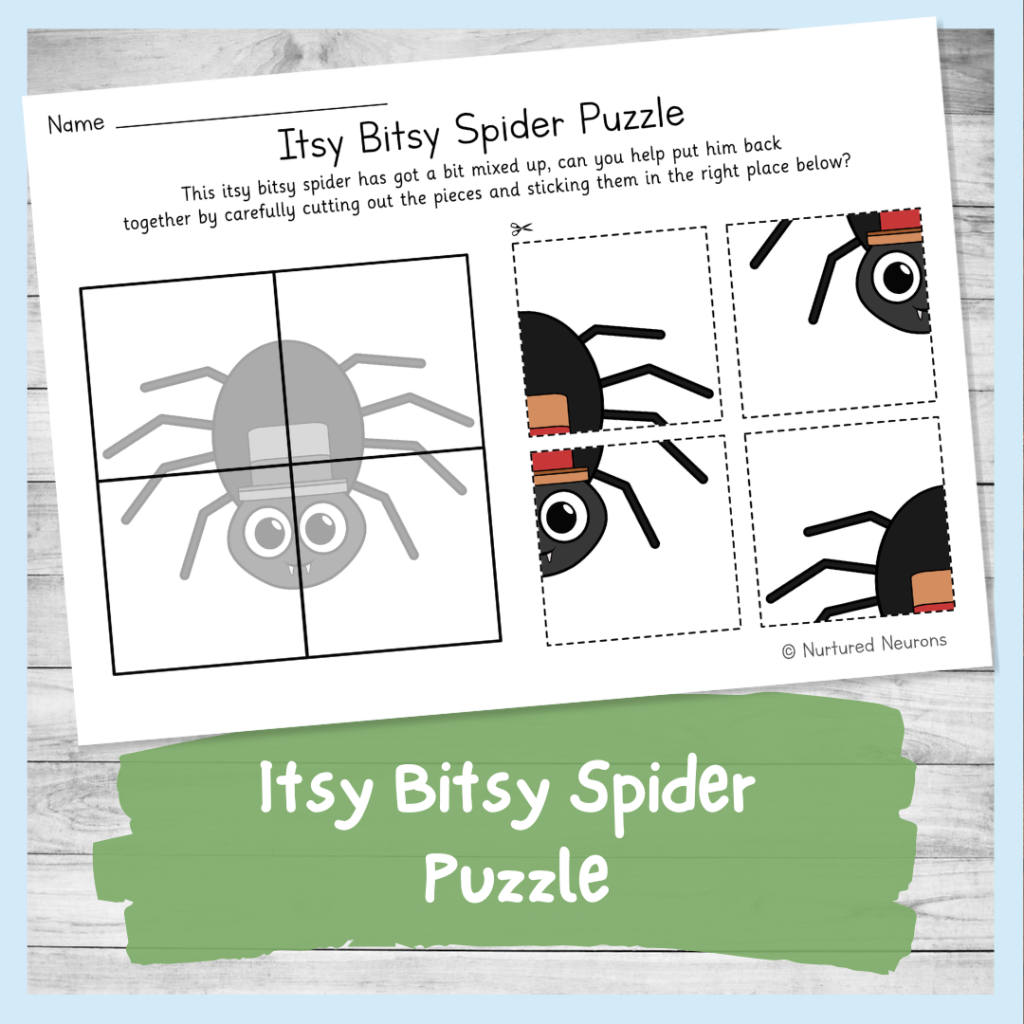 printable Itsy Bitsy Spider puzzle - nursery rhymes theme kindergarten cutting sheet and problem solving activity