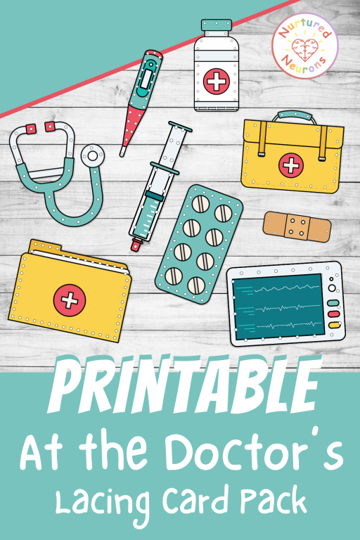 doctor themed Threading cards - a fun community helper lacing activity to practice and develop fine motor skills