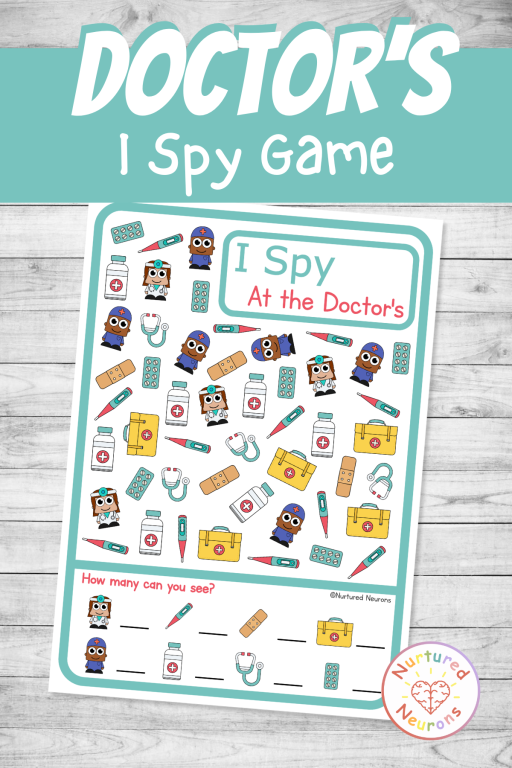 printable medical themed community helpers topic i spy and counting worksheet for preschool and kindergarten - download pdf