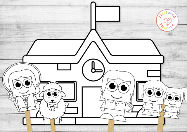 black and white coloring puppets for a simple nursery rhyme craft and mary had a little lamb diy toy