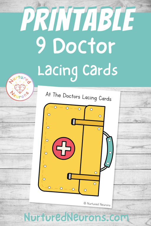 Doctor themed lacing cards for kids - printable hospital fine motor activity pack for pre-K and kindergarten