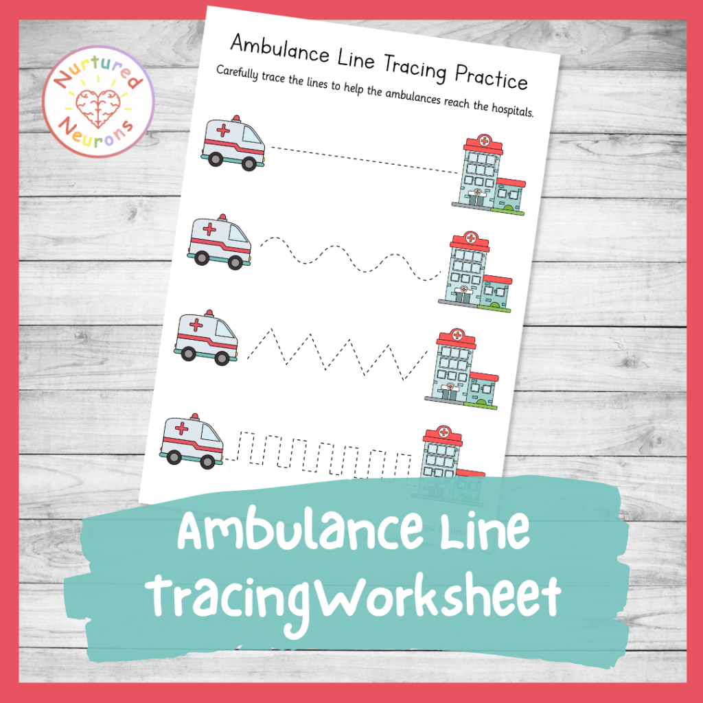 Ambulance pencil skills practice worksheet for kids - community helpers themed early writing sheet for preschool
