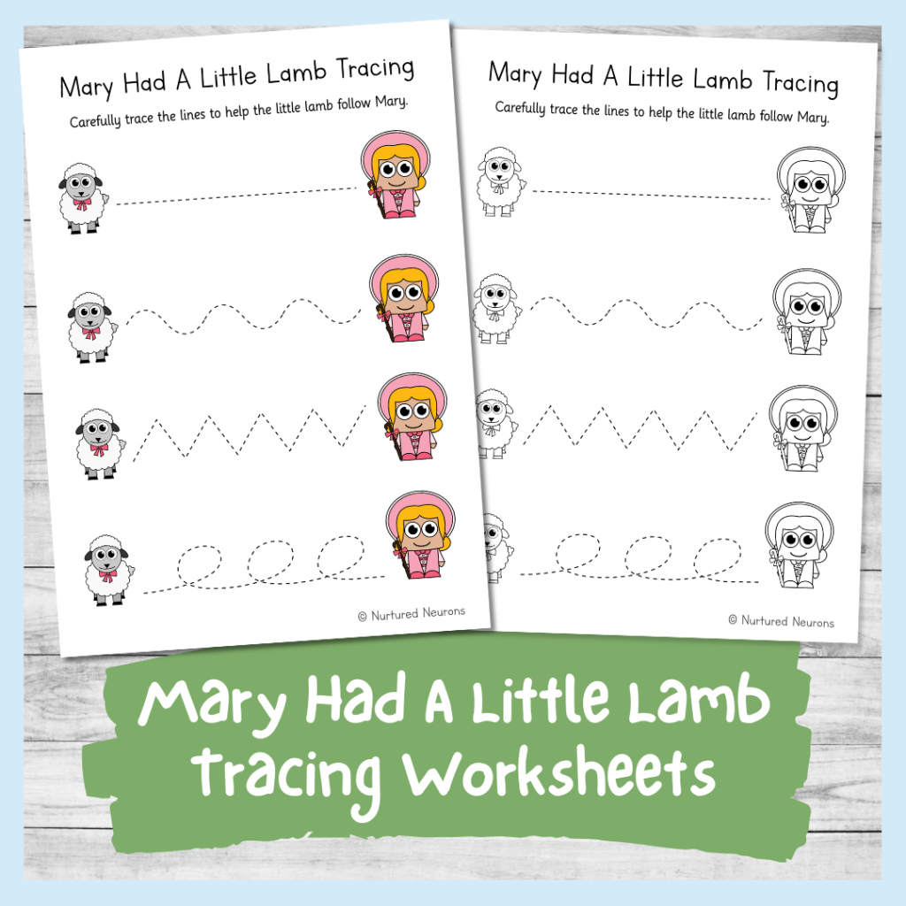 Mary Had A Little Lamb tracing practice worksheet for kids - printable prewriting page