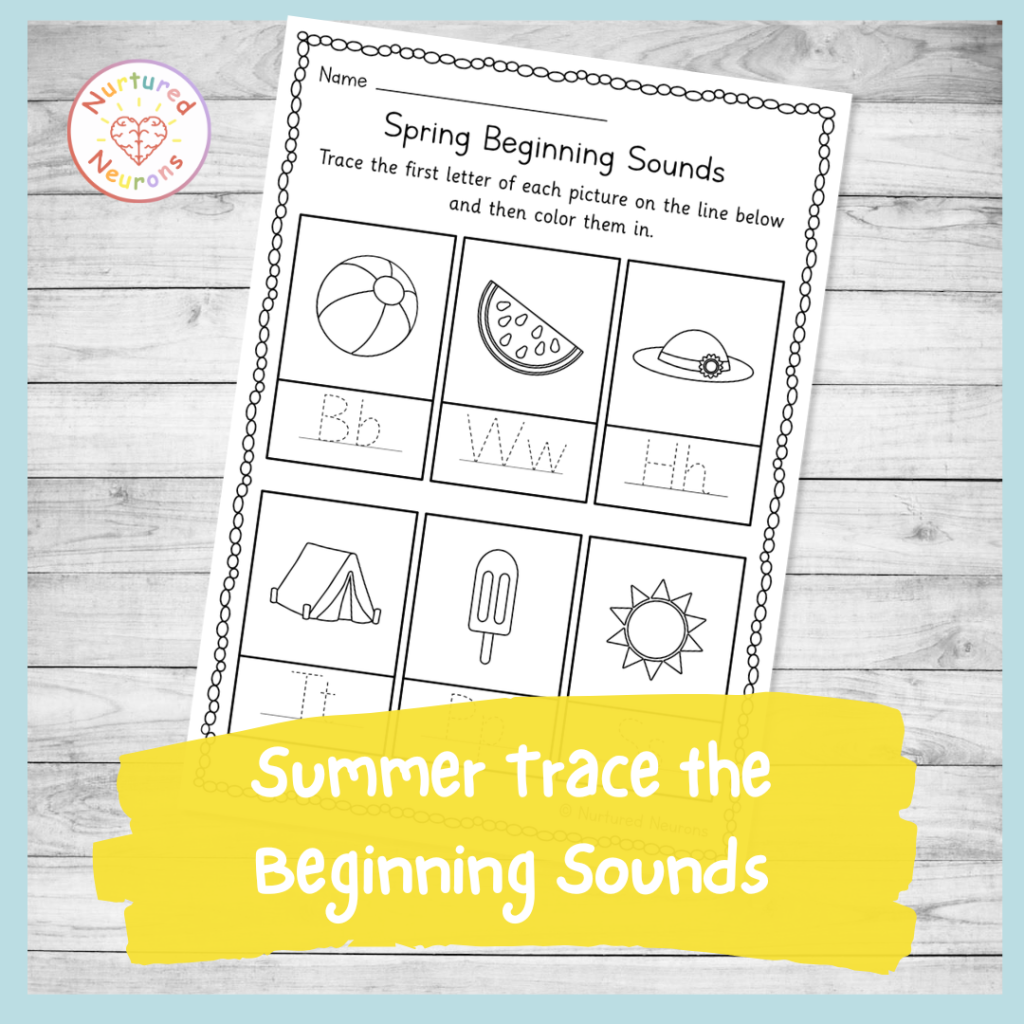 Preschool Summer phonics worksheet - printable kindergarten trace the beginning sounds