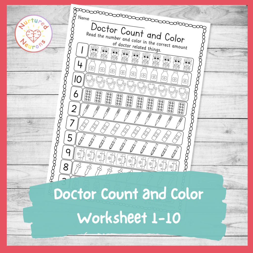 Preschool doctor's count and color worksheet 1 - 10 - printable kindergarten math sheet for community helper topic