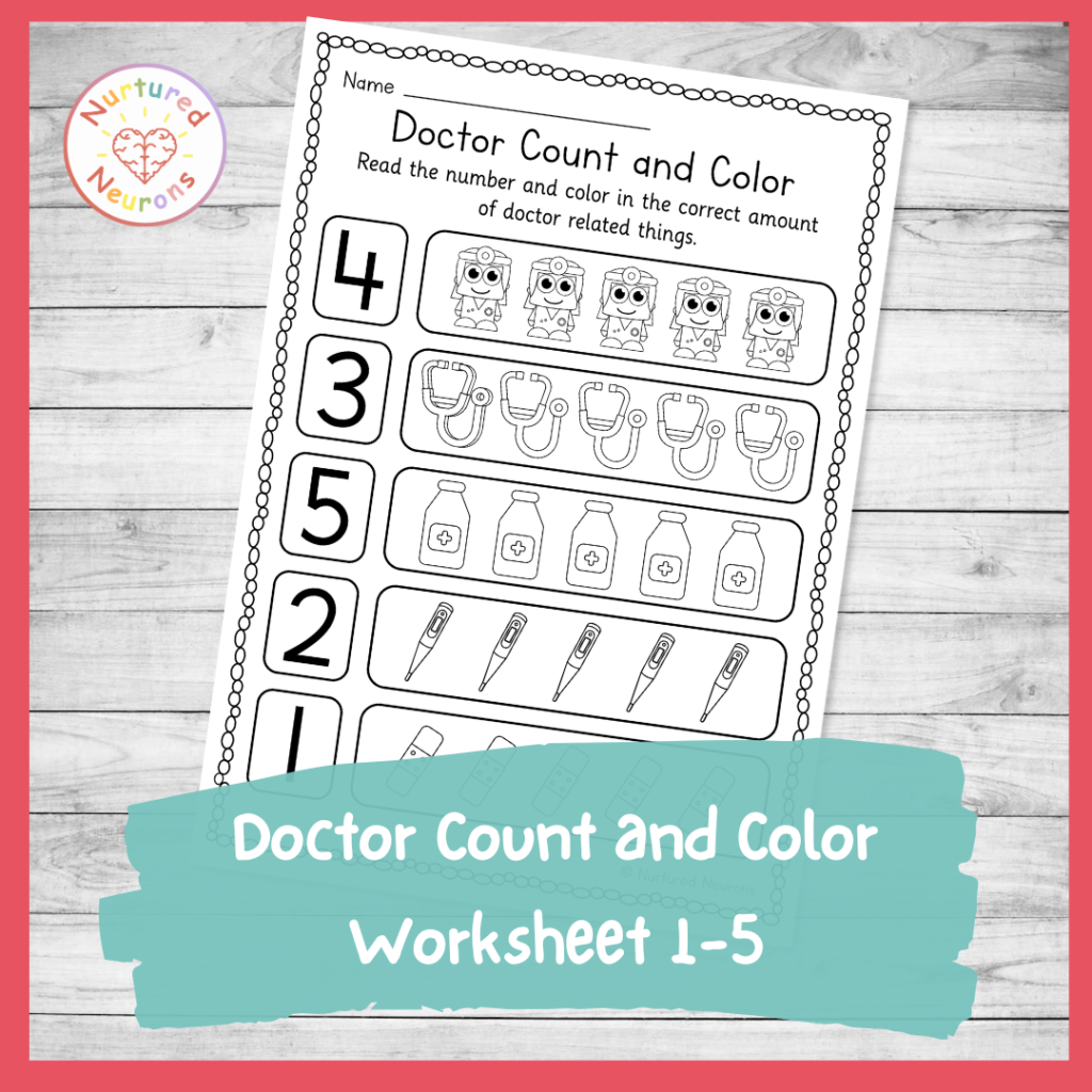 Preschool doctor's count and color worksheet 1 - 5 - printable kindergarten math sheet for community helper topic